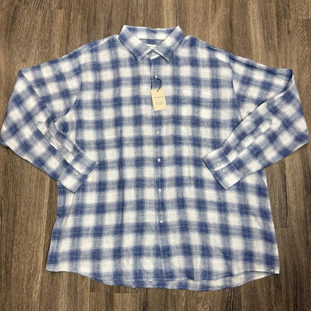 Peter Millar Shirt Men's Size XXL Blue Plaid Beachcast Linen Sport Classic Fit
